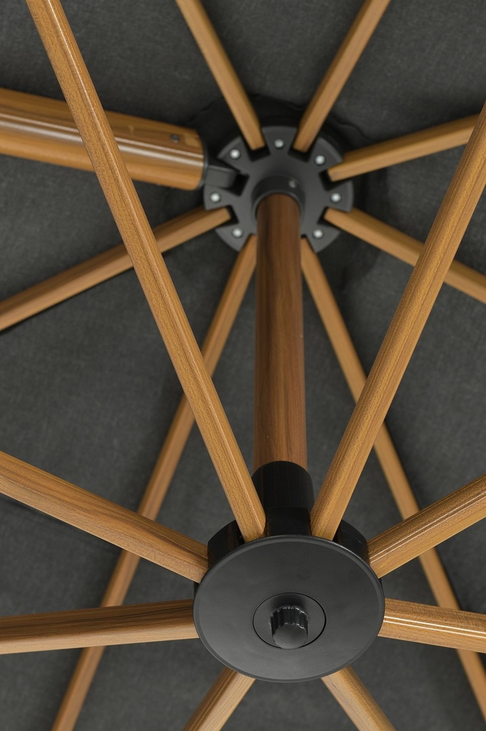 PARASOL, Hawaii Big Pole, 350 x 350 cm, donker grijs, freepole, alu frame, teak look, 8 baleinen, 360° draai/kantelb