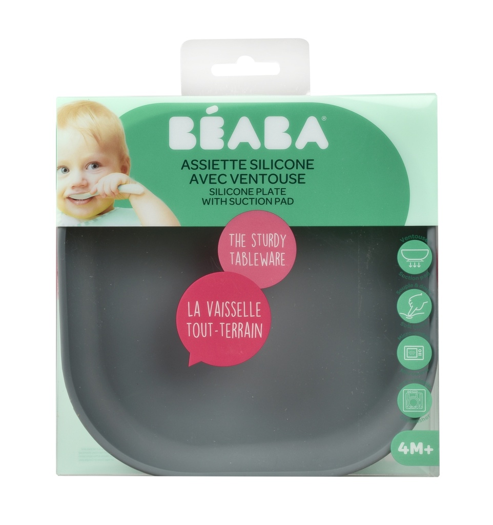 PLAT BORD, vierkant, mineral grey, grijs, uni, silicone, met zuignap, 1 stuk(s), bord