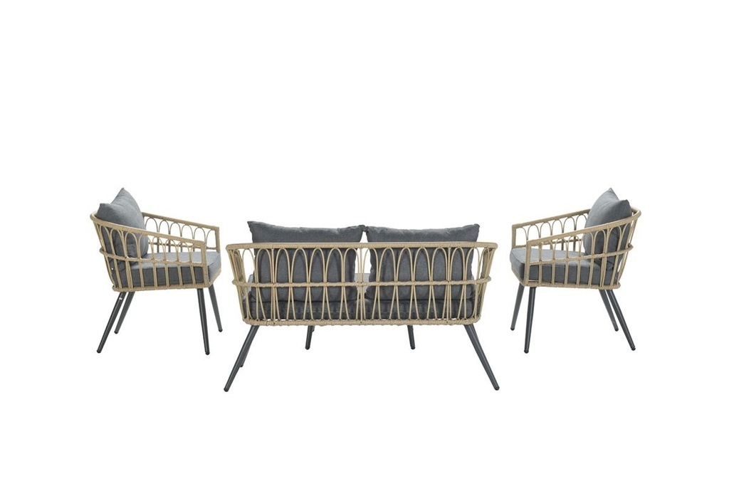 Garden Imp. | Tuinset, Bali, Loungeset, 4 Delen: 2x 1-Zit/1x 2-Zit/Tafel, Carbon Black, Alu, Natural Wicker, Kussens: Mystic Grey 