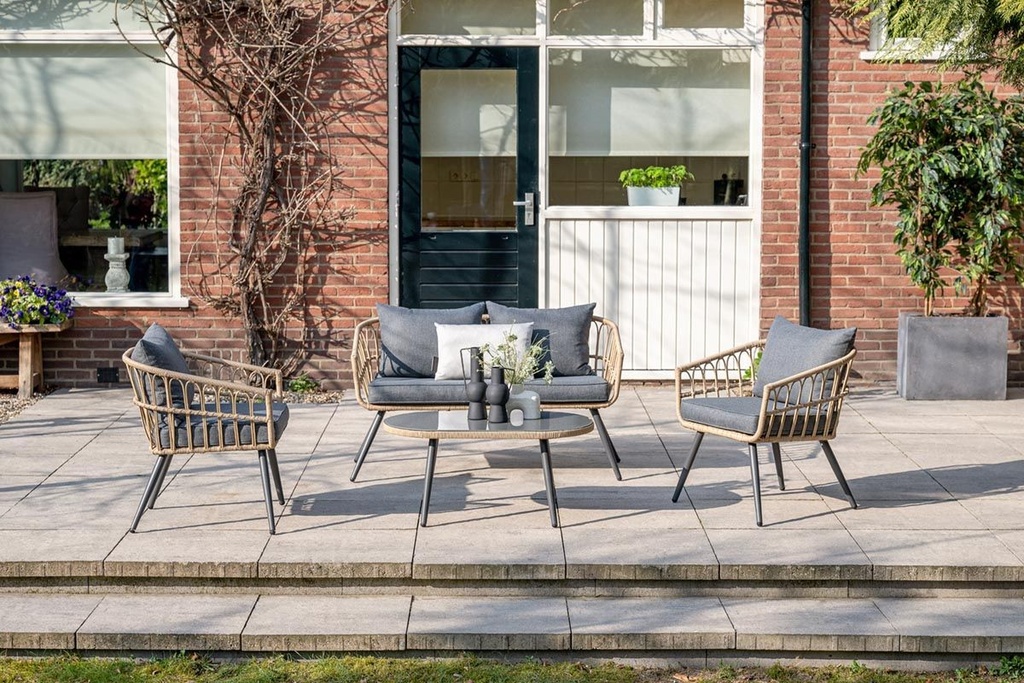 Garden Imp. | Tuinset, Bali, Loungeset, 4 Delen: 2x 1-Zit/1x 2-Zit/Tafel, Carbon Black, Alu, Natural Wicker, Kussens: Mystic Grey 