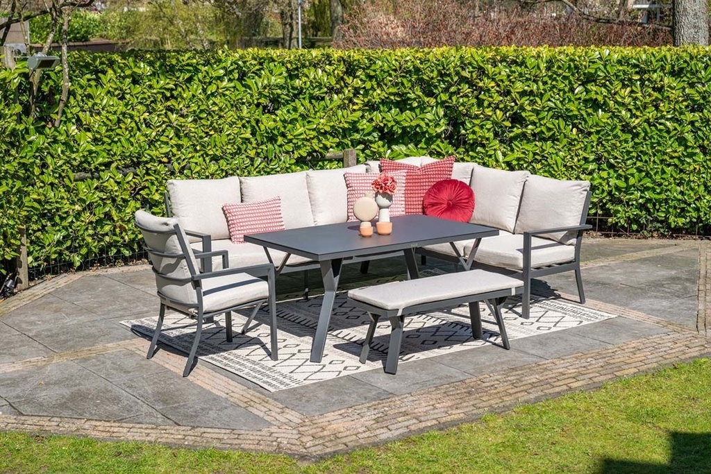 Garden Imp. | Tuinset, Sergio, Loungeset, 3 Delen: 2 Driezitsbanken Met Hoek/Tafel, Carbon Black, Alu Frame, Kussens: Desert Sand