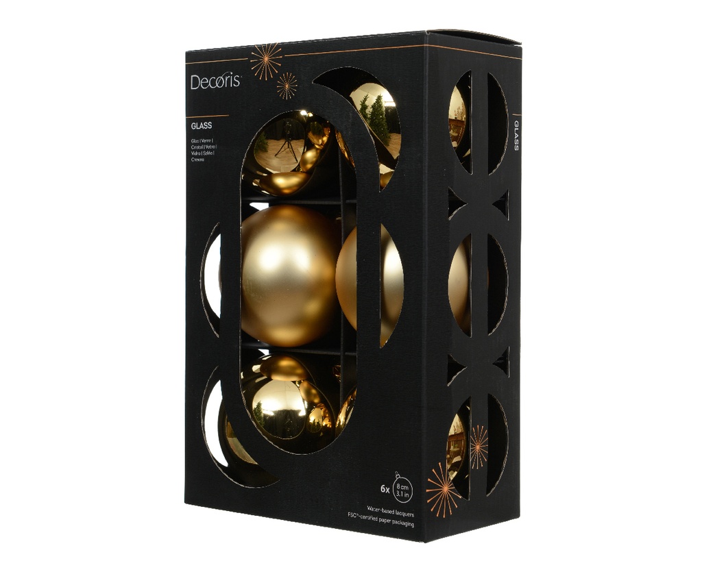 Kaemingk | Kerstbal Glas Mix Licht Goud Ø8cm 6-pack