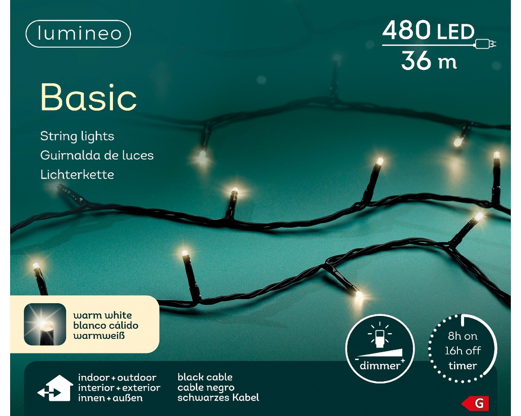 Kaemingk | Verlichting LED Basic Lights In/Outdoor 480 Leds Warm Wit Snoer Zwart 36m +5m Aanloopsnoer Dimmer IP44 Adapter