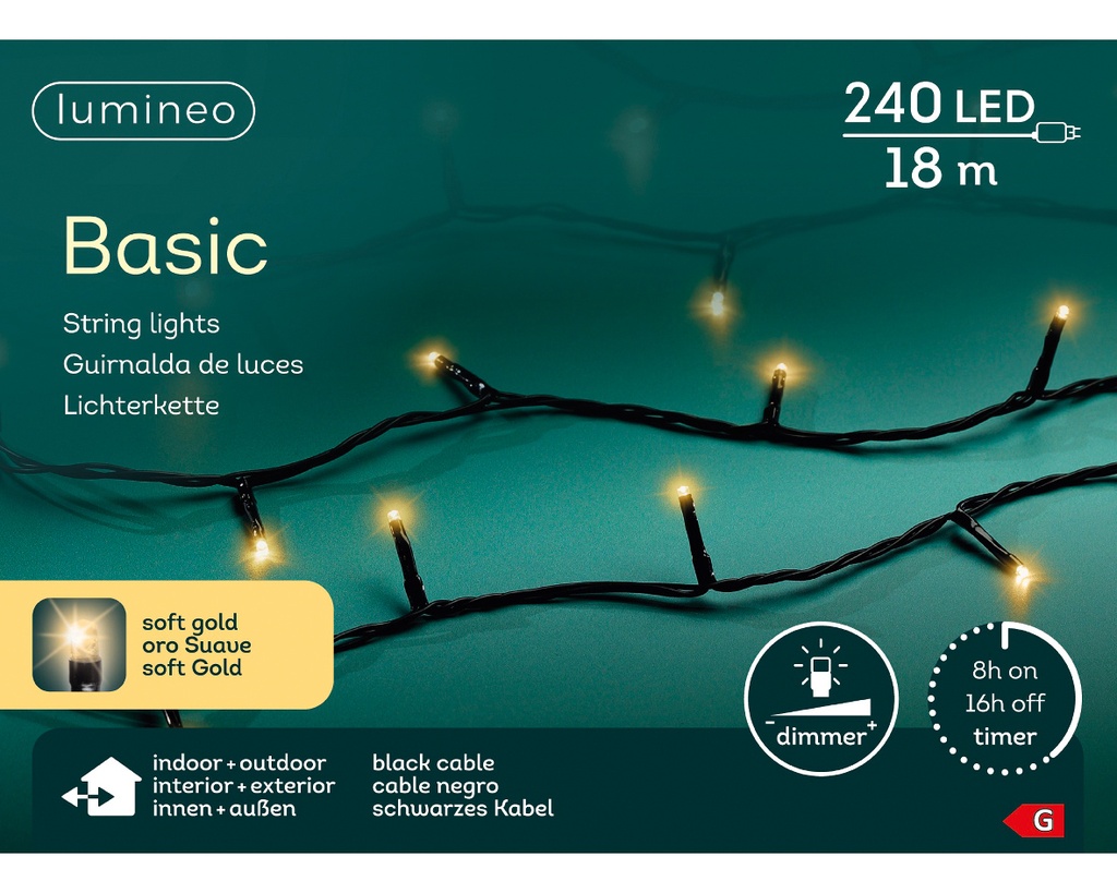 Kaemingk | Verlichting LED Basic Lights In/Outdoor 240 Leds Soft Gold Snoer Zwart 18m +5m Aanloopsnoer Dimmer IP44 Adapter