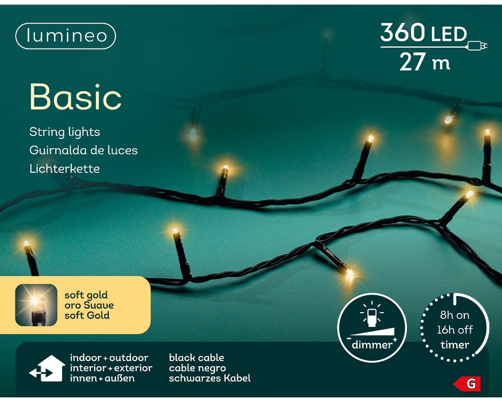 Kaemingk | Verlichting LED Basic Lights In/Outdoor 360 Leds Soft Gold Snoer Zwart 27m +5m Aanloopsnoer Dimmer IP44 Adapter