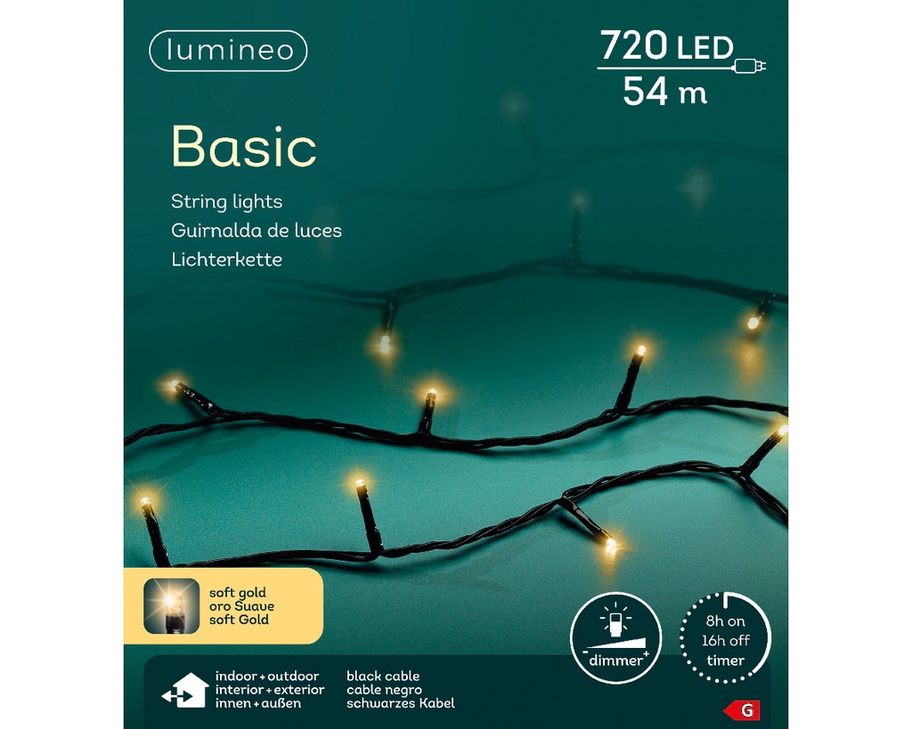 Kaemingk | Verlichting LED Basic Lights In/Outdoor 720 Leds Soft Gold Snoer Zwart 54m +5m Aanloopsnoer Dimmer IP44 Adapter