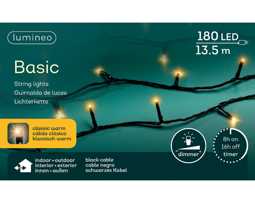 Kaemingk | Verlichting LED Basic Lights In/Outdoor 180 Leds Klasiek Warm Snoer Zwart 13,5m +5m Aanloopsnoer Dimmer IP44 Adapter