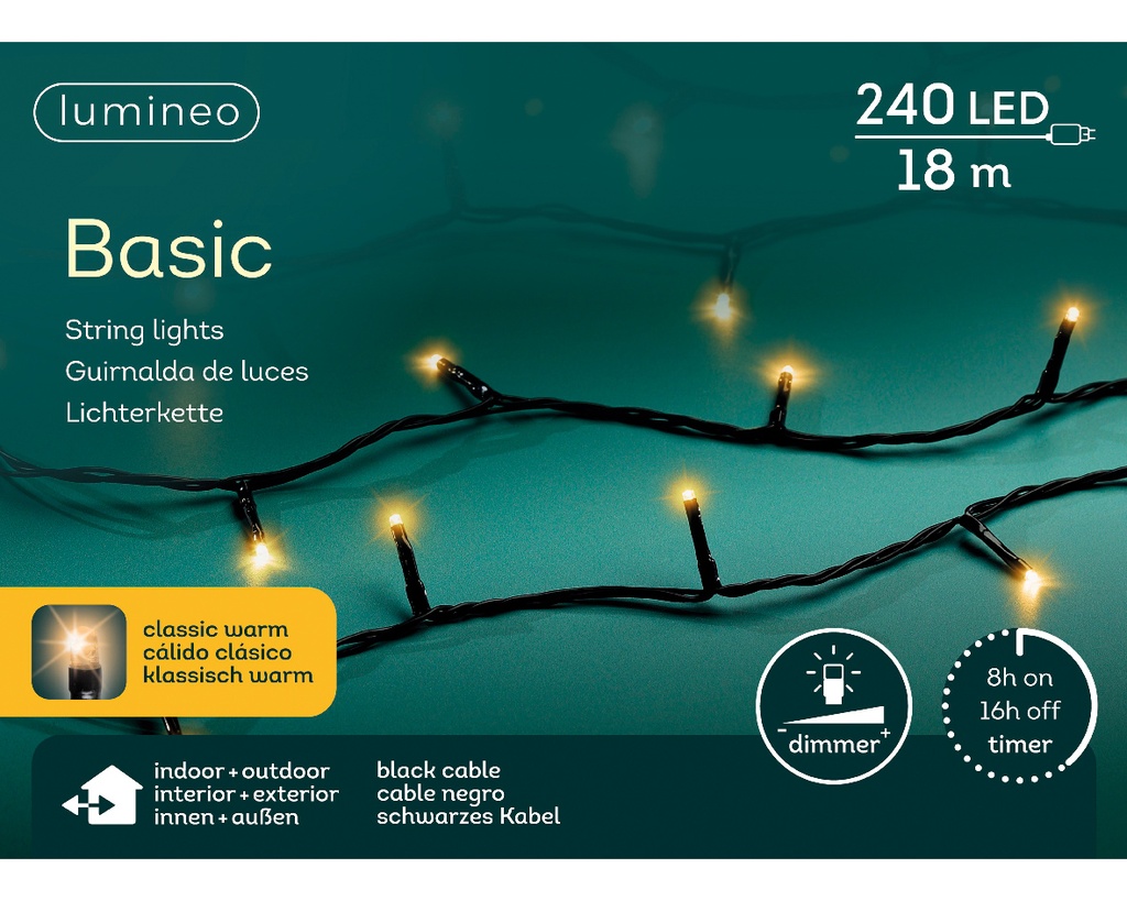 Kaemingk | Verlichting LED Basic Lights In/Outdoor 240 Leds Klasiek Warm Snoer Zwart 18m +5m Aanloopsnoer Dimmer IP44 Adapter