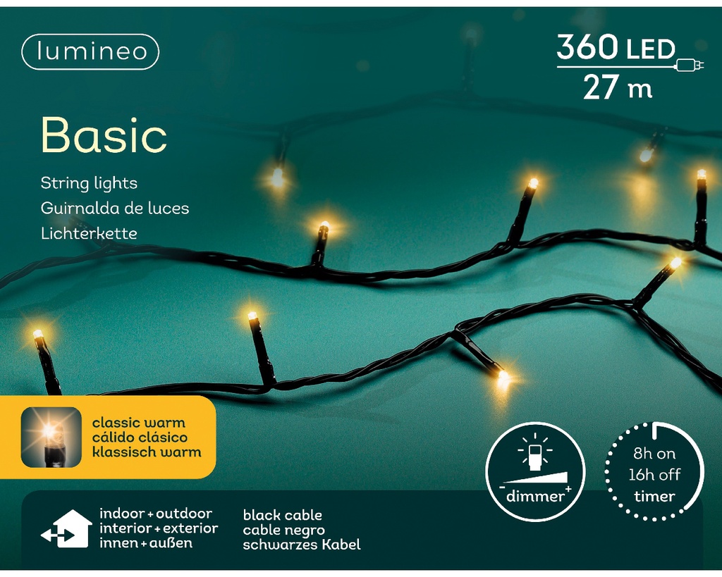 Kaemingk | Verlichting LED Basic Lights In/Outdoor 360 Leds Klasiek Warm Snoer Zwart 27m +5m Aanloopsnoer Dimmer IP44 Adapter