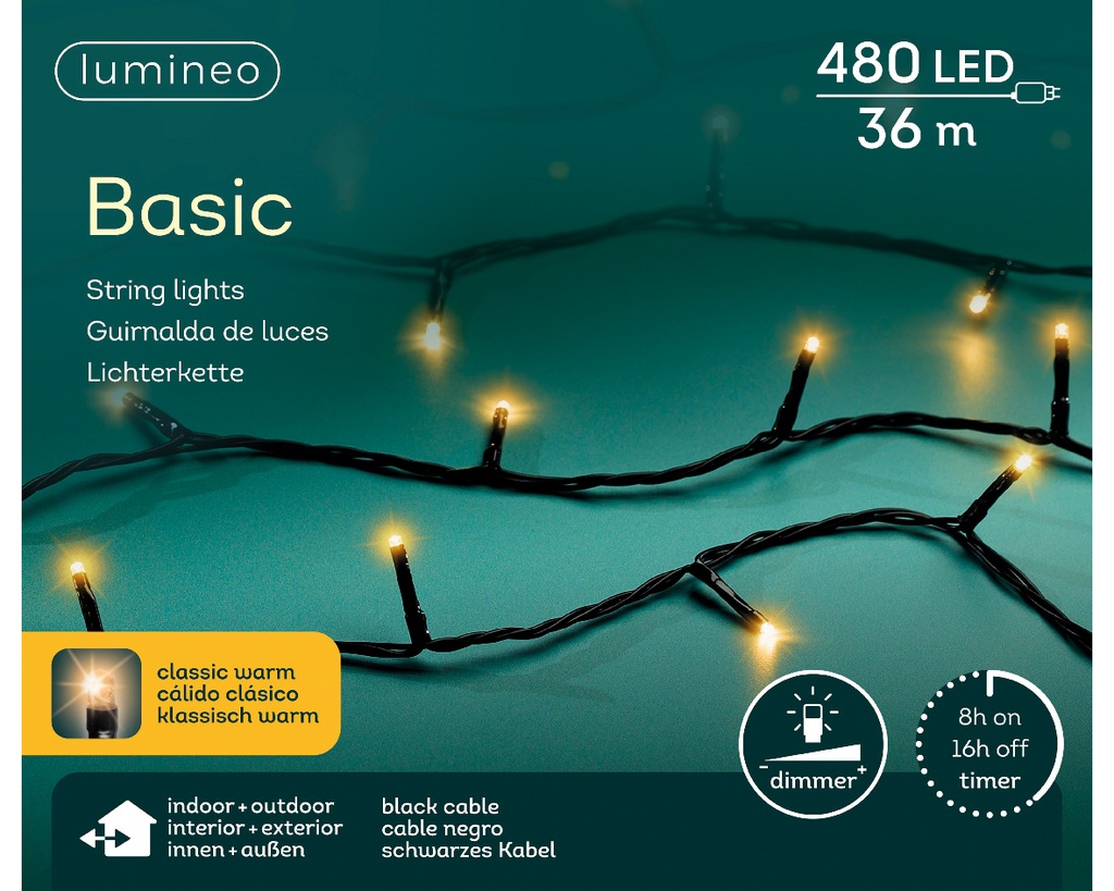 Kaemingk | Verlichting LED Basic Lights In/Outdoor 480 Leds Klasiek Warm Snoer Zwart 36m +5m Aanloopsnoer Dimmer IP44 Adapter