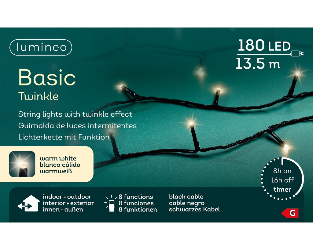 Kaemingk | Verlichting Basic Twinkle In/Outdoor 180 Leds Warm Wit Snoer Zwart 13,5m +5m Aanloopsnoer 8 Functies IP44 Adapter