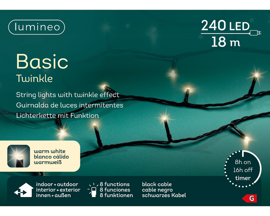 Kaemingk | Verlichting Basic Twinkle In/Outdoor 240 Leds Warm Wit Snoer Zwart 18m + 5m Aanloopsnoer 8 Functies IP44 Adapter