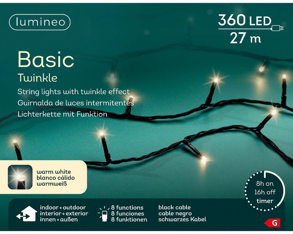 Kaemingk | Verlichting Basic Twinkle In/Outdoor 360 Leds Warm Wit Snoer Zwart 27m +5m Aanloopsnoer 8 Functies IP44 Adapter
