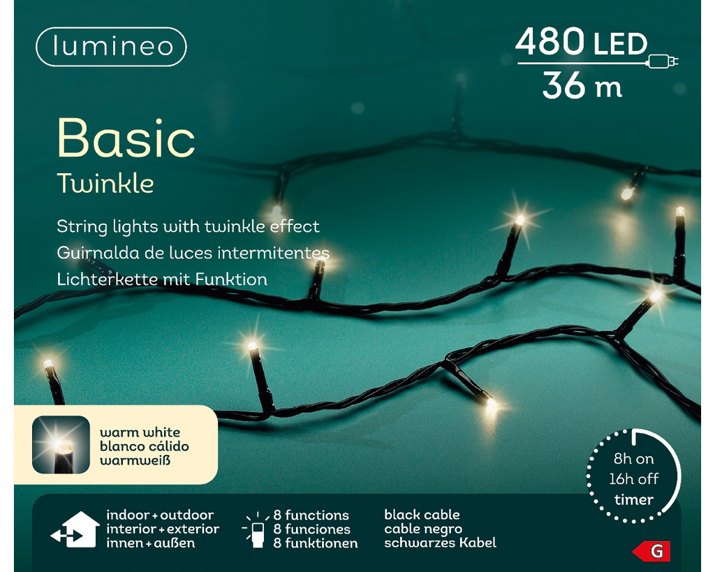Kaemingk | Verlichting Basic Twinkle In/Outdoor 480 Leds Warm Wit Snoer Zwart 36m + 5m Snoer 8 Functies IP44 Adapter