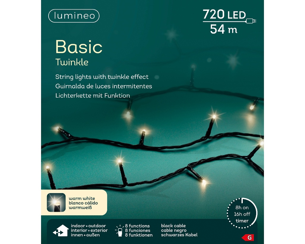 Kaemingk | Verlichting Basic Twinkle In/Outdoor 720 Leds Warm Wit Snoer Zwart 54m + 5m Aanloopsnoer 8 Functies IP44 Adapter