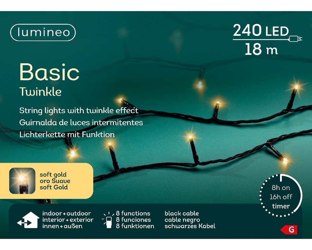Kaemingk | Verlichting LED Basic Twinkle In/Outdoor 240 Leds Soft Gold Snoer Zwart 18m +5m Aanloopsnoer Dimmer IP44 Adapter