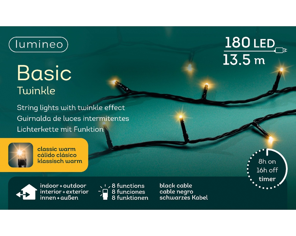 Kaemingk | Verlichting Basic Twinkle In/Outdoor 180 Leds Klassiek Warm Snoer Zwart 13,5m + 5m Aanloopsnoer 8 Functies IP44 Adapter