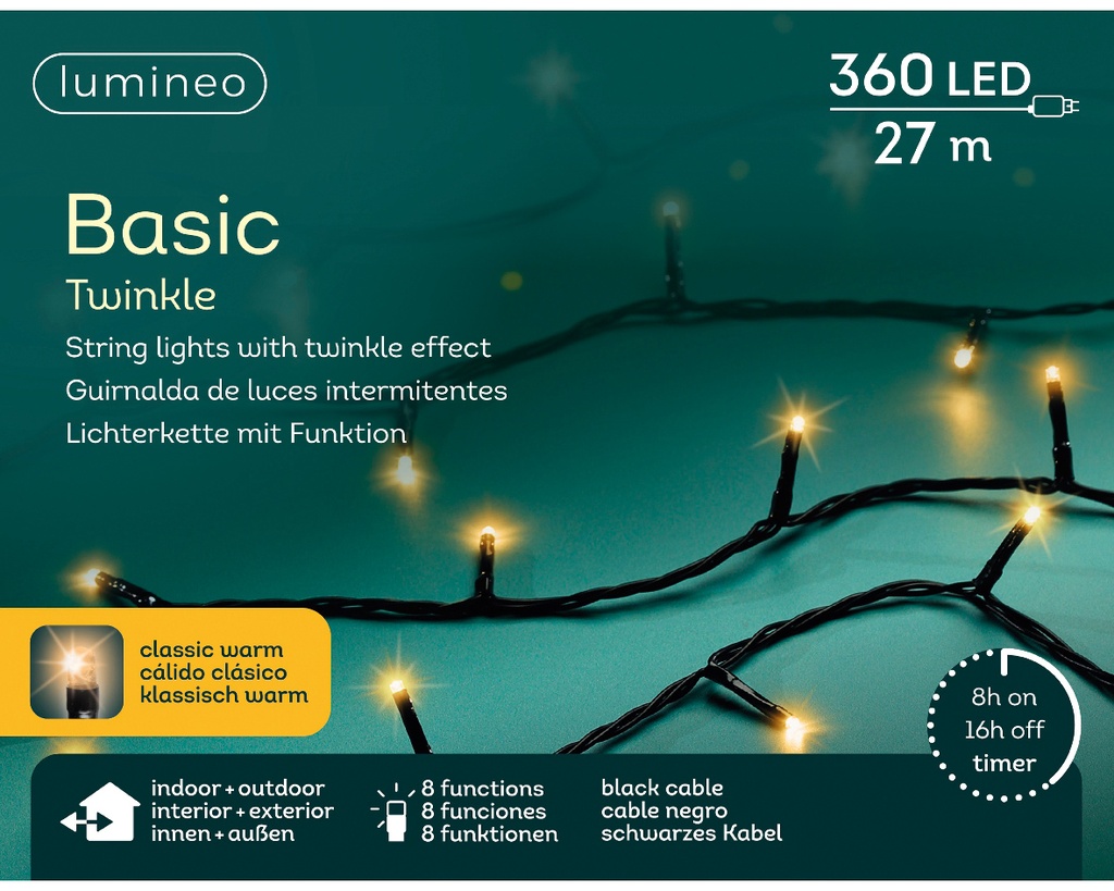 Kaemingk | Verlichting Basic Twinkle In/Outdoor 360 Leds Klassiek Warm Snoer Zwart 27m + 5m Aanloopsnoer 8 Functies IP44 Adapter