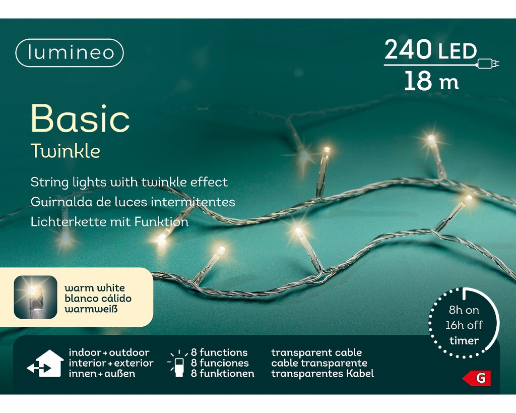 Kaemingk | Verlichting LED Basic Twinkle In/Outdoor 240 Leds Warm Wit Snoer Transparant 18m +5m Aanloopsnoer 8 Functies IP44 Adapter