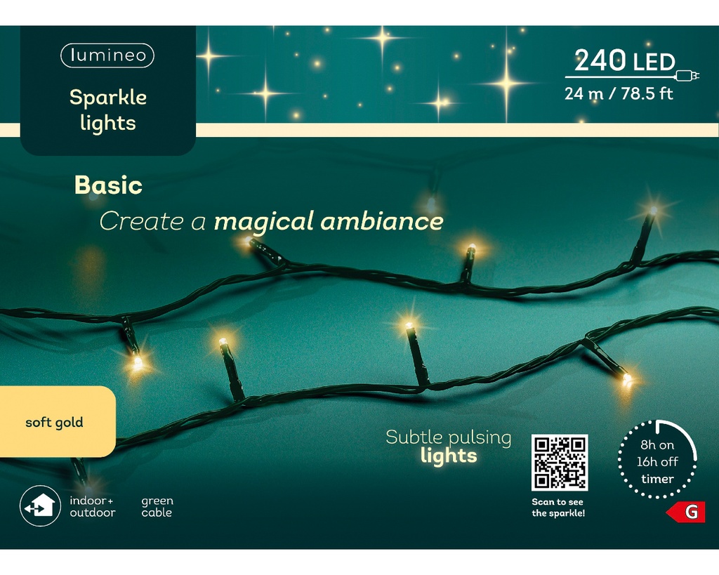 Kaemingk | Verlichting Basic Sparkle Lights In/Outdoor 240 Leds Soft Gold Snoer Groen 24m + 5m Aanloopsnoer 