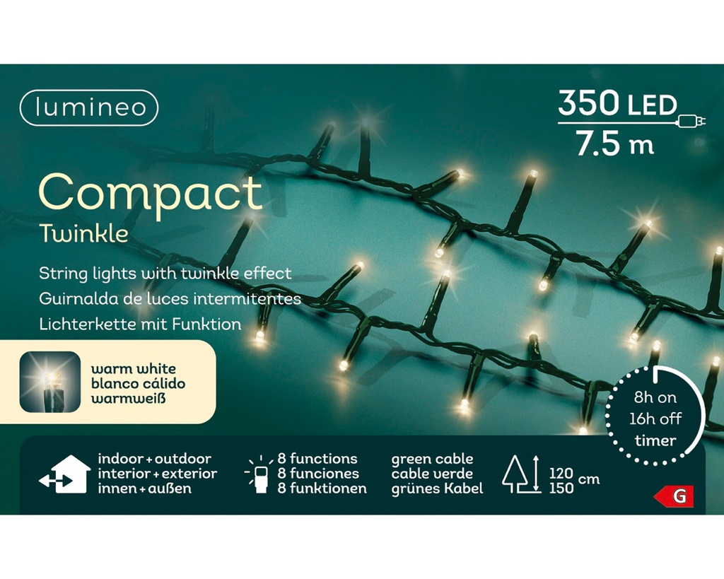 Lumineo | Verlichting Compact Twinkle In/Outdoor 350 Leds Warm Wit Snoer Groen 7,5m + 5m Aanloopsnoer 8 Functies Adapter