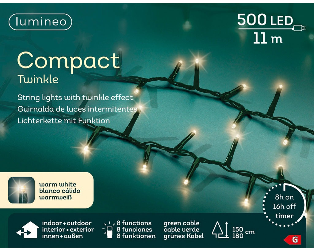 Lumineo | Verlichting Compact Twinkle In/Outdoor 500 Leds Warm Wit Snoer Groen 11m + 5m Aanloopsnoer 8 Functies Adapter