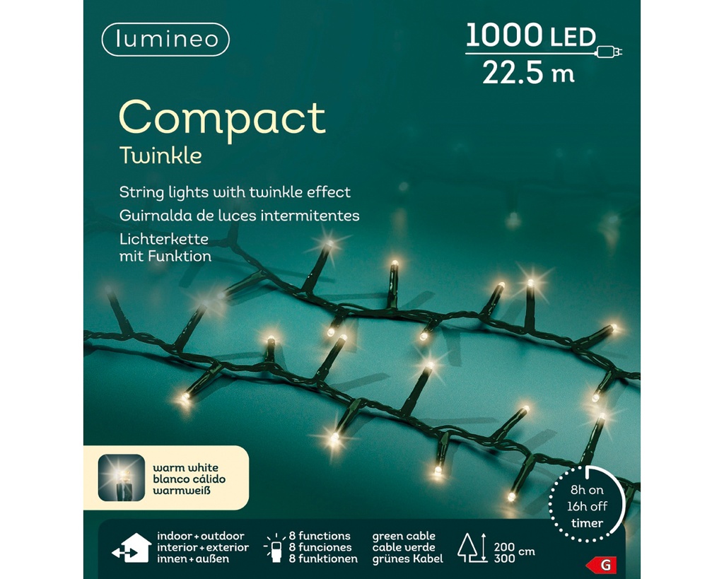 Lumineo | Verlichting Compact Twinkle In/Outdoor 1000 Leds Warm Wit Snoer Groen 22,5m + 5m Aanloopsnoer 8 Functies Adapter