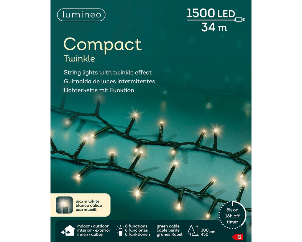 Lumineo | Verlichting Compact Twinkle Outdoor 1500 Leds Warm Wit Snoer Groen 34m + 5m Aanloopsnoer 8 Functies Adapter