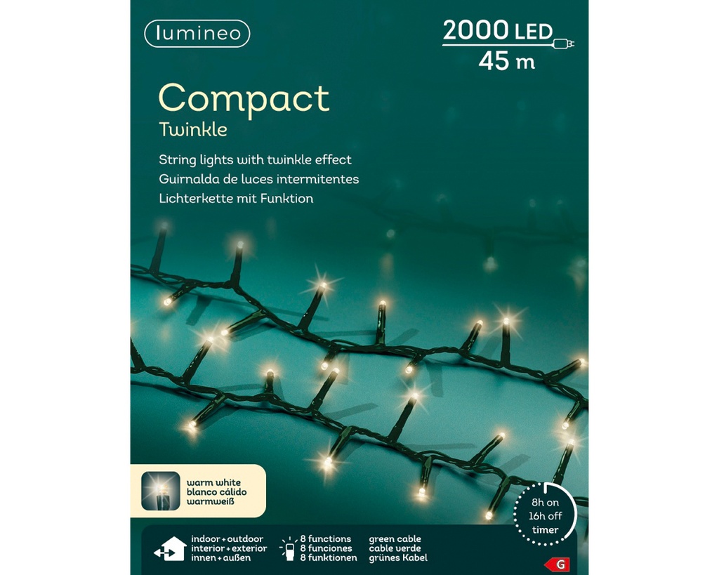 Lumineo | Verlichting Compact Twinkle In/Outdoor 350 Leds Warm Wit Snoer Groen 7,5m + 5m Aanloopsnoer 8 Functies Adapter