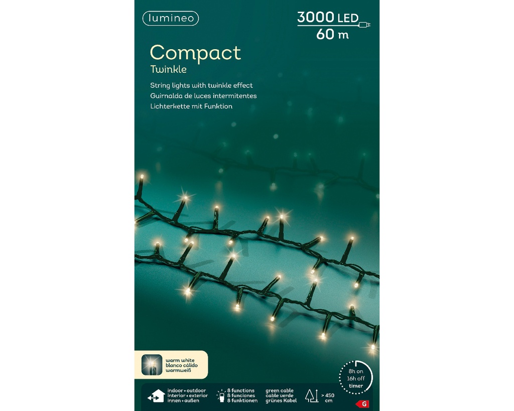 Lumineo | Verlichting Compact Twinkle In/Outdoor 3000 Leds Warm Wit Snoer Groen 60m + 5m Aanloopsnoer 8 Functies Adapter