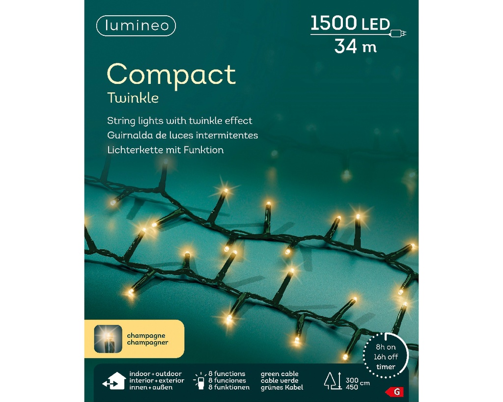Lumineo | Verlichting Compact Twinkle Outdoor 1500 Leds Soft Gold Snoer Groen 34m + 5m Aanloopsnoer 8 Functies Adapter