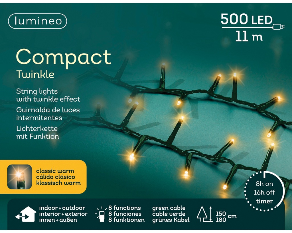 Lumineo | Verlichting Compact Twinkle Outdoor 500 Leds Klassiek Warm Snoer Groen 11m + 5m Aanloopsnoer 8 Functies Adapter