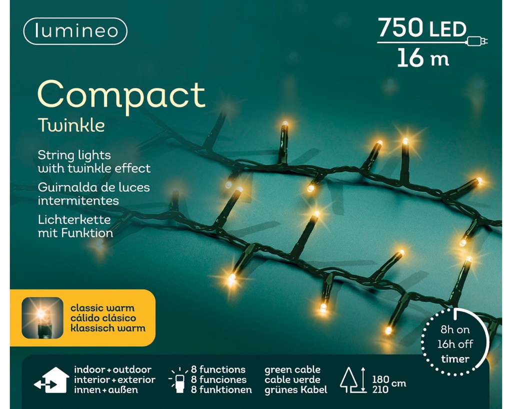 Lumineo | Verlichting Compact Twinkle In/Outdoor 750 Leds Klassiek Warm Groen Snoer 16m + 5m Aanloopsnoer 8 Functies Adapter