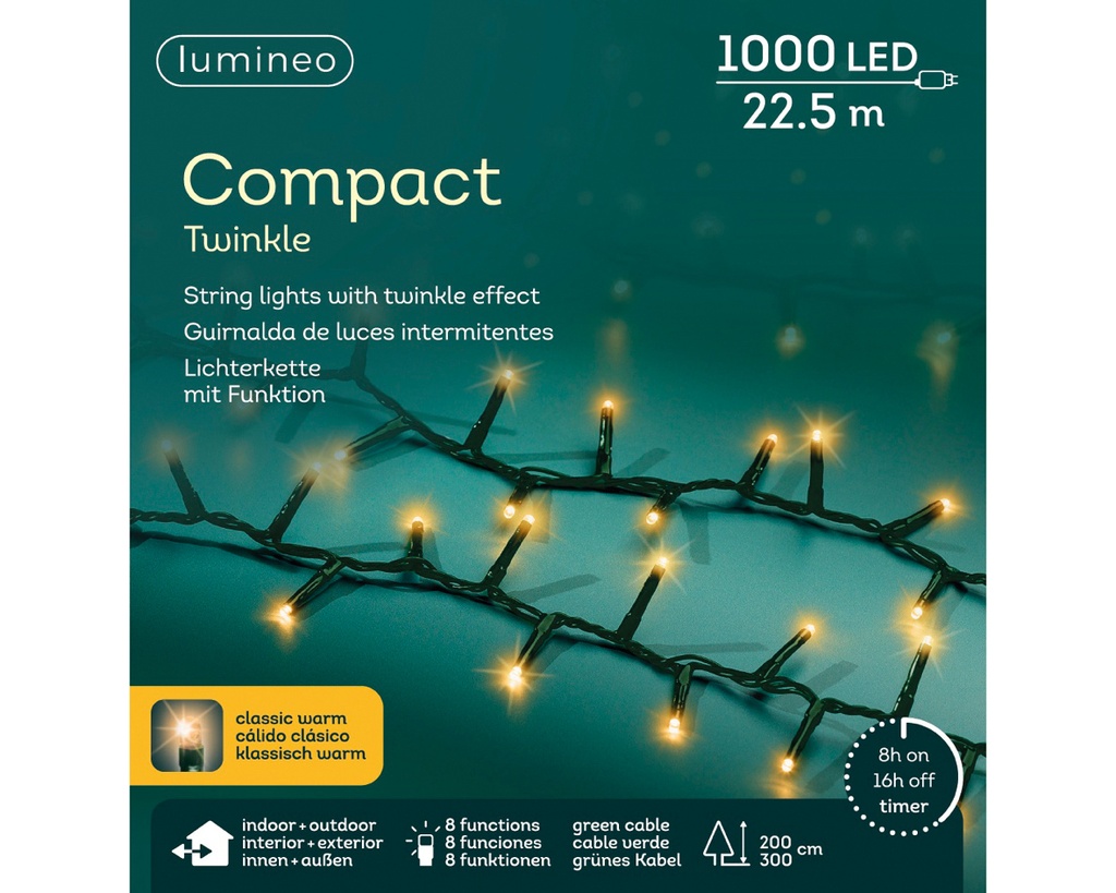 Lumineo | Verlichting Compact Twinkle In/Outdoor 1000 Leds Klassiek Warm Snoer Groen 22,5m + 5m Aanloopsnoer 8 Functies