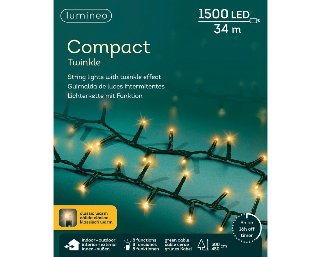 Lumineo | Verlichting Compact Twinkle In/Outdoor 1500 Leds Klassiek Warm Snoer Groen 34m + 5m Aanloopsnoer 8 Functies