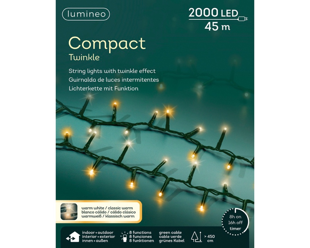 Lumineo | Verlichting Compact Twinkle In/Outdoor 2000 Leds Klassiek Warm Wit Snoer Groen 45m + 5m Aanloopsnoer 8 Functies