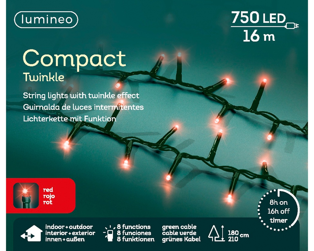 Lumineo | Verlichting Compact Twinkle In/Outdoor 750 Leds Rood Snoer Groen 16m + 5m Aanloopsnoer 8 Functies IP44 Adapter