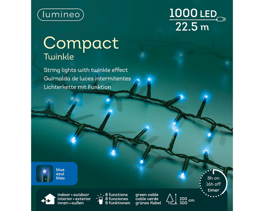 Lumineo | Verlichting Compact Twinkle In/Outdoor 1000 Leds Blauw Snoer Groen 22,5m + 5m Aanloopsnoer 8 Functies