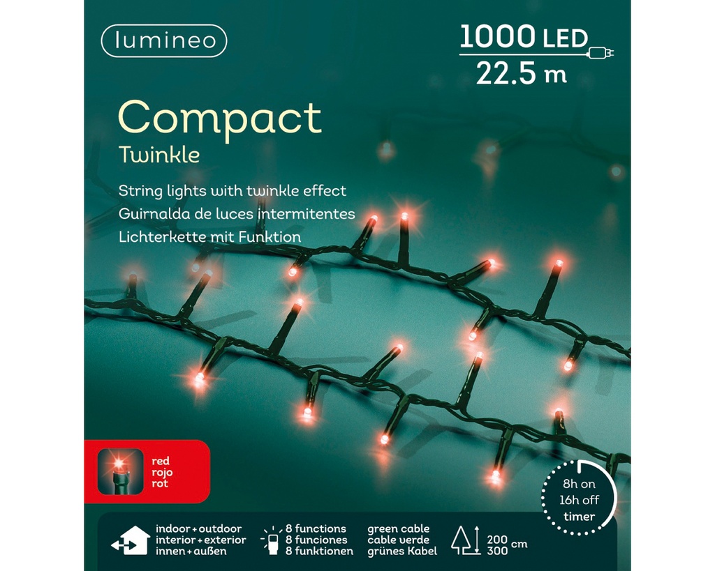 Lumineo | Verlichting Compact Twinkle In/Outdoor 1000 Leds Rood Snoer Groen 22,5m + 5m Aanloopsnoer 8 Functies Adapter