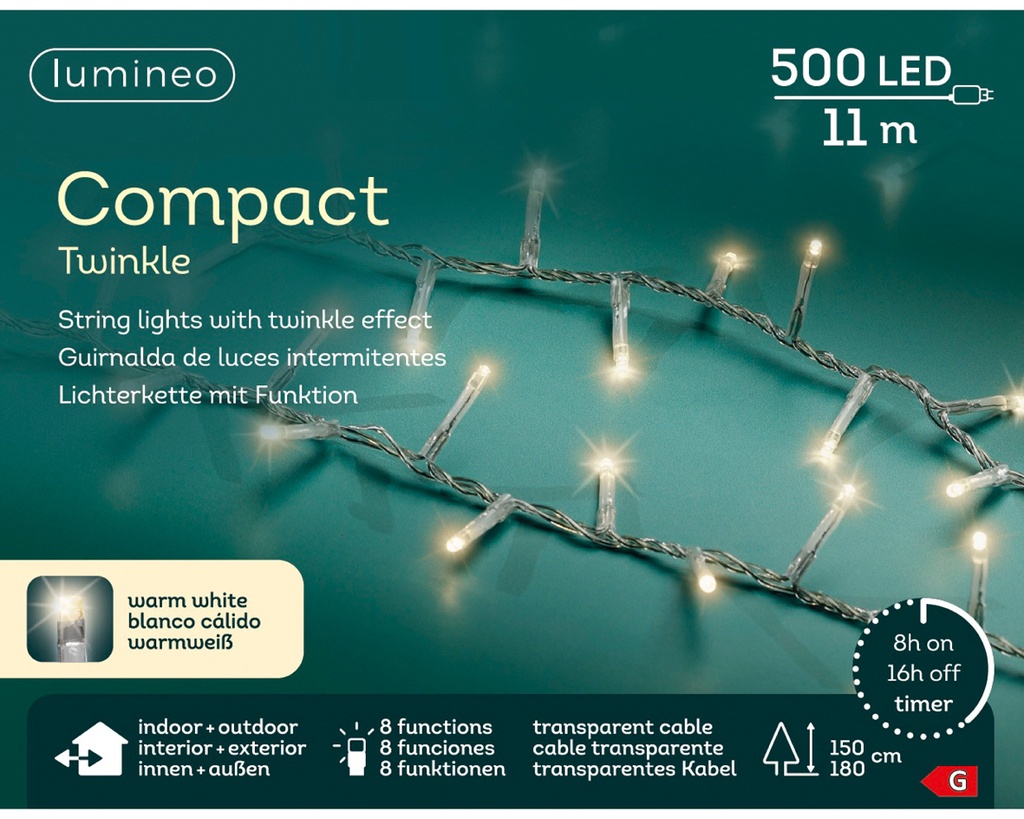 Lumineo | Verlichting Compact Twinkle In/Outdoor 500 Leds Warm Wit Snoer Transparant 11m + 5m Aanloopsnoer 8 Functies