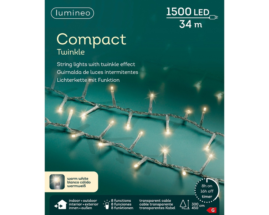 Lumineo | Verlichting Compact Twinkle In/Outdoor 1500 Leds Warm Wit Snoer Transparant 34m + 5m Aanloopsnoer 8 Functies