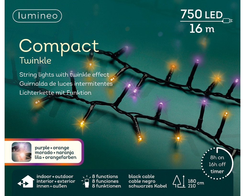 Lumineo | Verlichting Compact Twinkle In/Outdoor 750 Leds Paars/Oranje Snoer Zwart 16m + 5m Aanloopsnoer 8 Functies Adapter