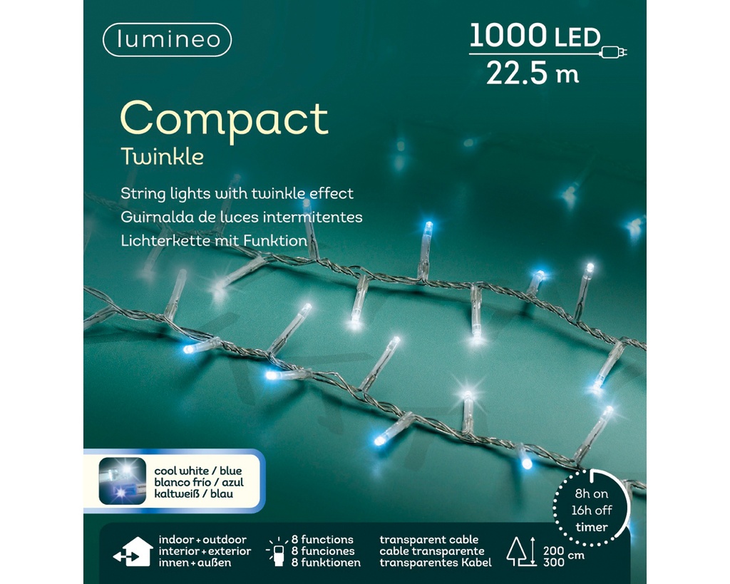 Lumineo | Verlichting Compact Twinkle In/Outdoor 1000 Leds Koel Wit/Blauw Snoer Transparant 22,5m + 5m Aanloopsnoer 8 Functies