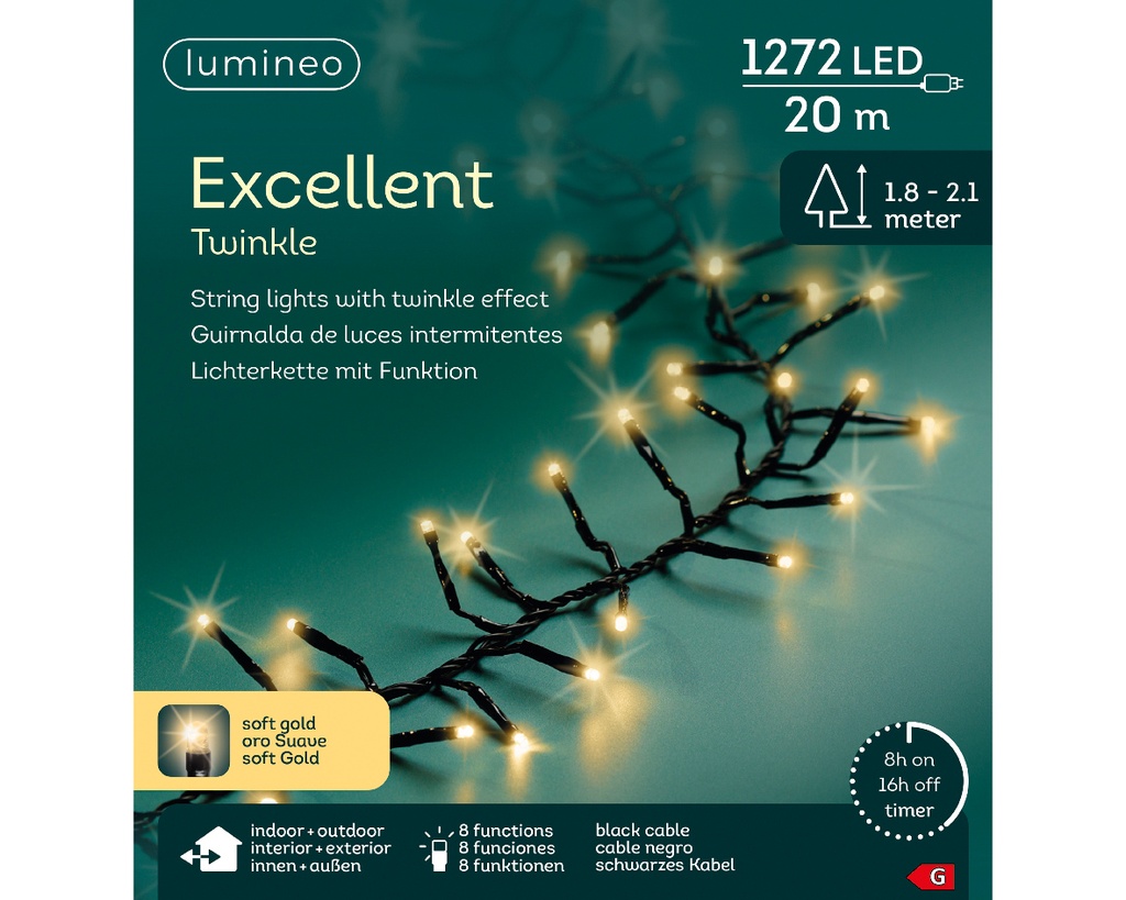 Lumineo | Verlichting Excellent Twinkle In/Outdoor 1272 Leds Soft Gold Snoer Zwart 20m + 5m Aanloopsnoer 8 Functies