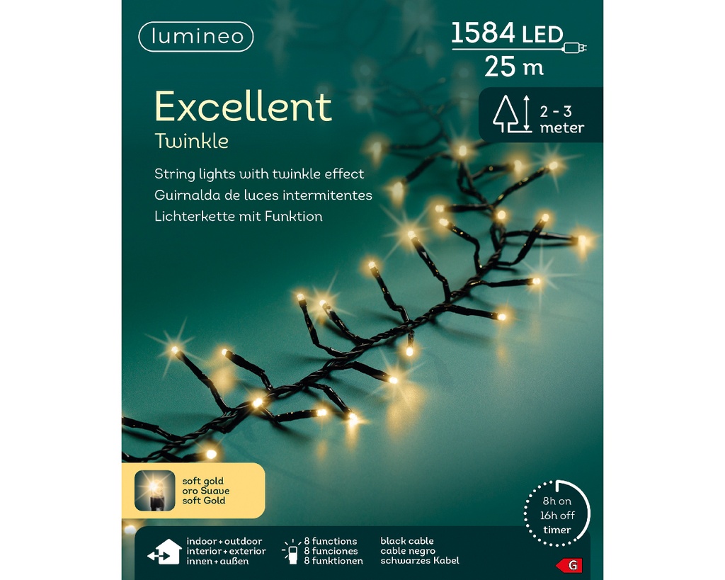Lumineo | Verlichting Excellent Twinkle In/Outdoor 1584 Leds Soft Gold Snoer Zwart 25m + 5m Aanloopsnoer 8 Functies