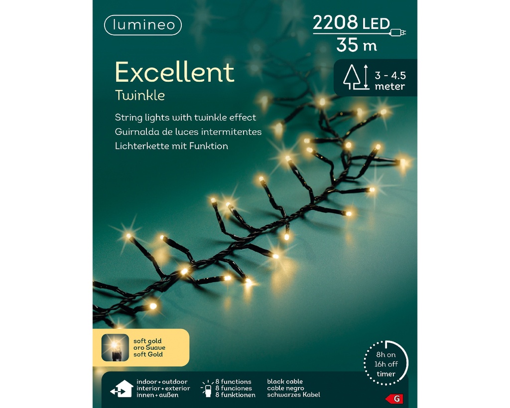 Lumineo | Verlichting Excellent Twinkle In/Outdoor 2208 Leds Soft Gold Snoer Zwart 35m + 5m Aanloopsnoer 8 Functies