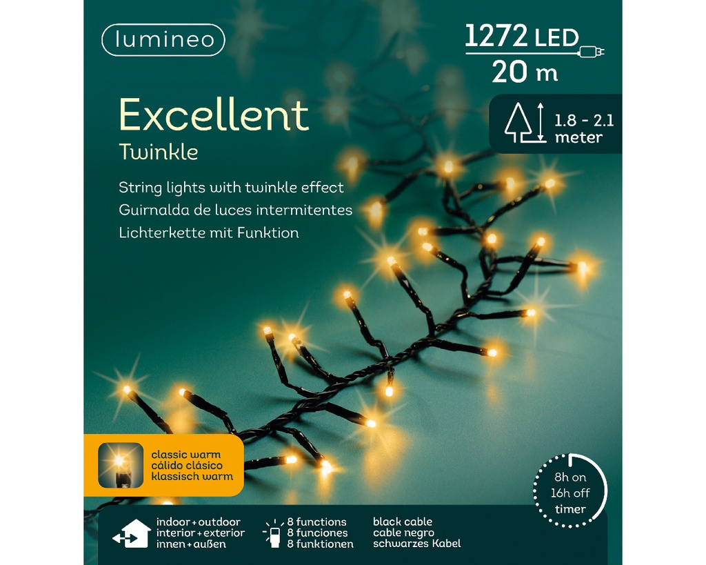 Lumineo | Verlichting Excellent Twinkle In/Outdoor 1272 Leds  Klasiek Warm Snoer Zwart 20m + 5m Aanloopsnoer 8 Functies