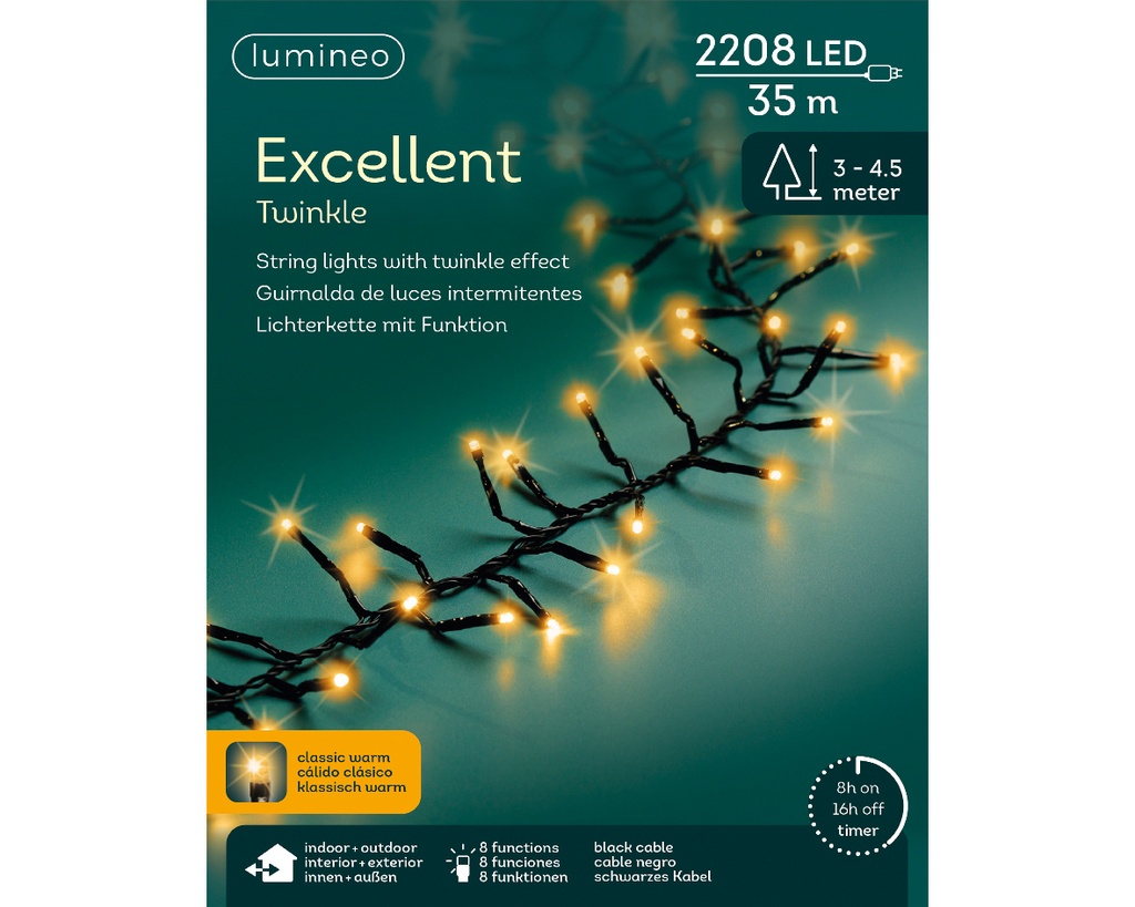 Lumineo | Verlichting Excellent Twinkle In/Outdoor 2208 Leds Klasiek Warm Snoer Zwart 35m + 5m Aanloopsnoer 8 Functies