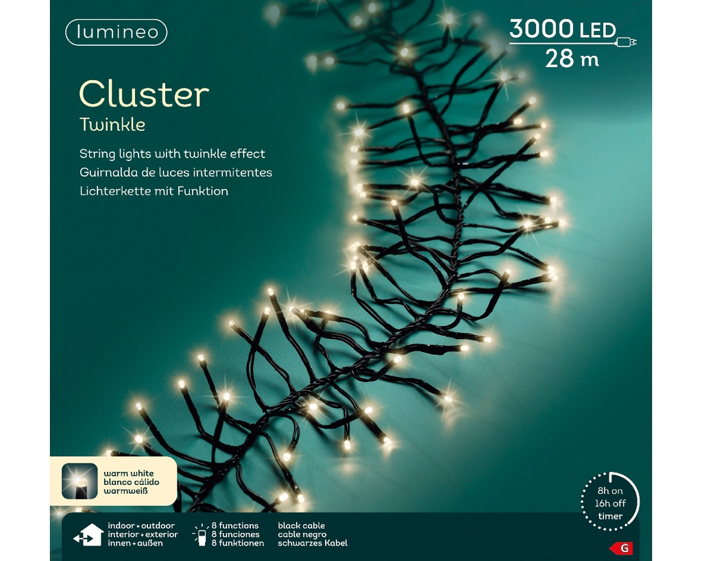 Lumineo | Verlichting Cluster Twinkle Outdoor 3000 Leds Warm Wit Snoer Zwart 28m + 5m Aanloopsnoer 8 Functies Adapter