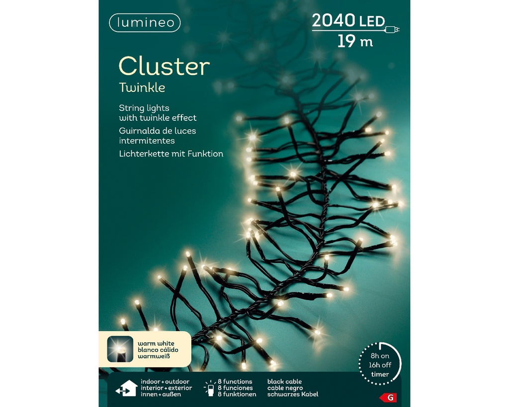 Lumineo | Verlichting Cluster Twinkle Outdoor 2040 Leds Warm Wit Snoer Zwart 19m + 5m Aanloopsnoer 8 Functies Adapter